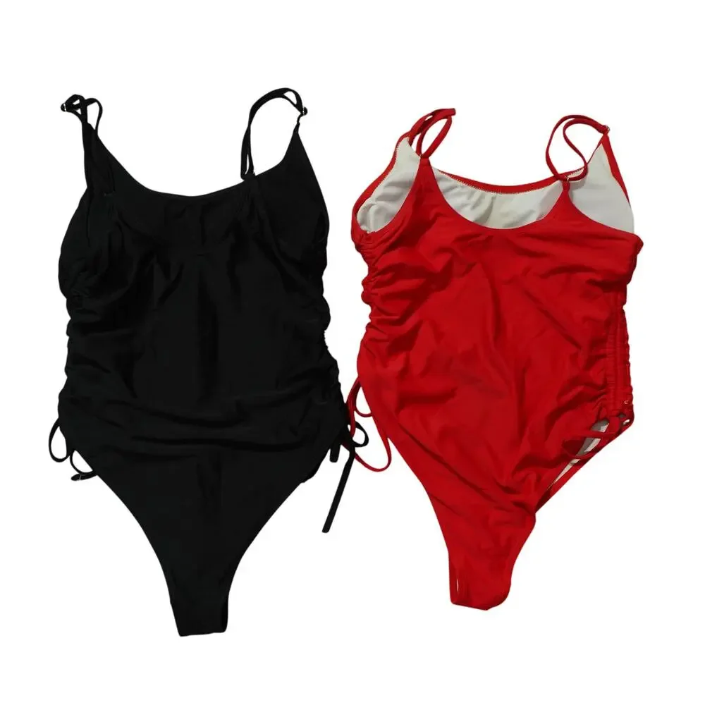 Lot of 2 Womens One Piece Swimsuit Ruched Side Scoop Neck Black Red Size XL - Picture 2 of 5
